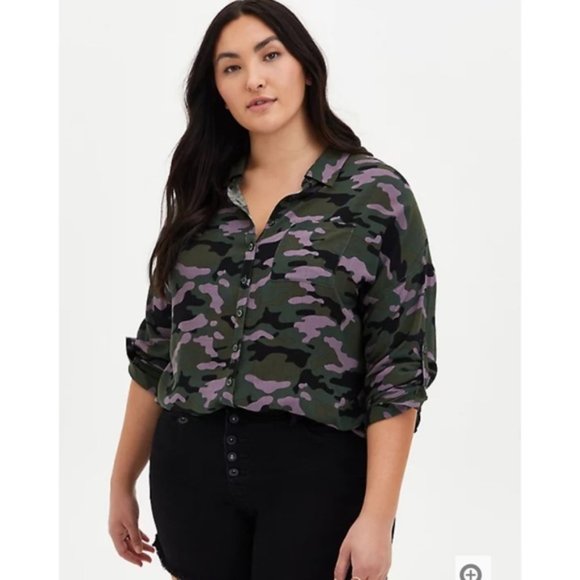 torrid Tops - TORRID Camo Drop Shoulder Button Blouse